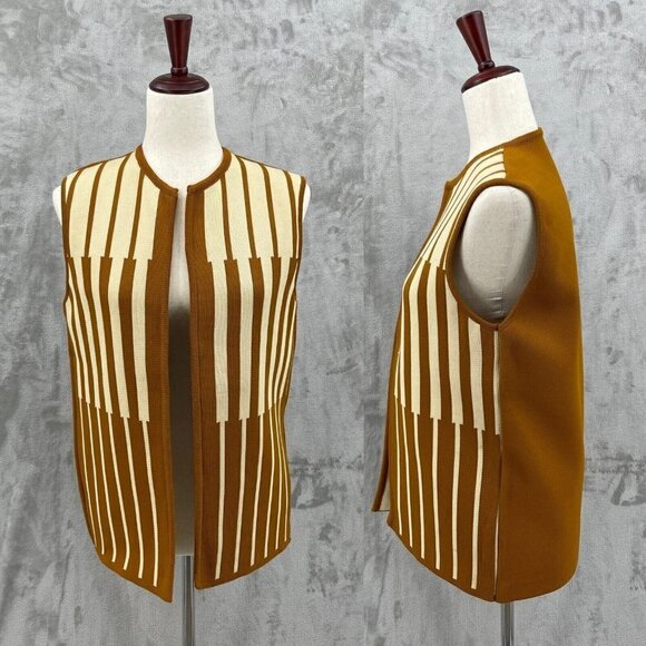Vintage Tan Knit 60s 70s Brady Bunch Style Open Front Groovy Vest